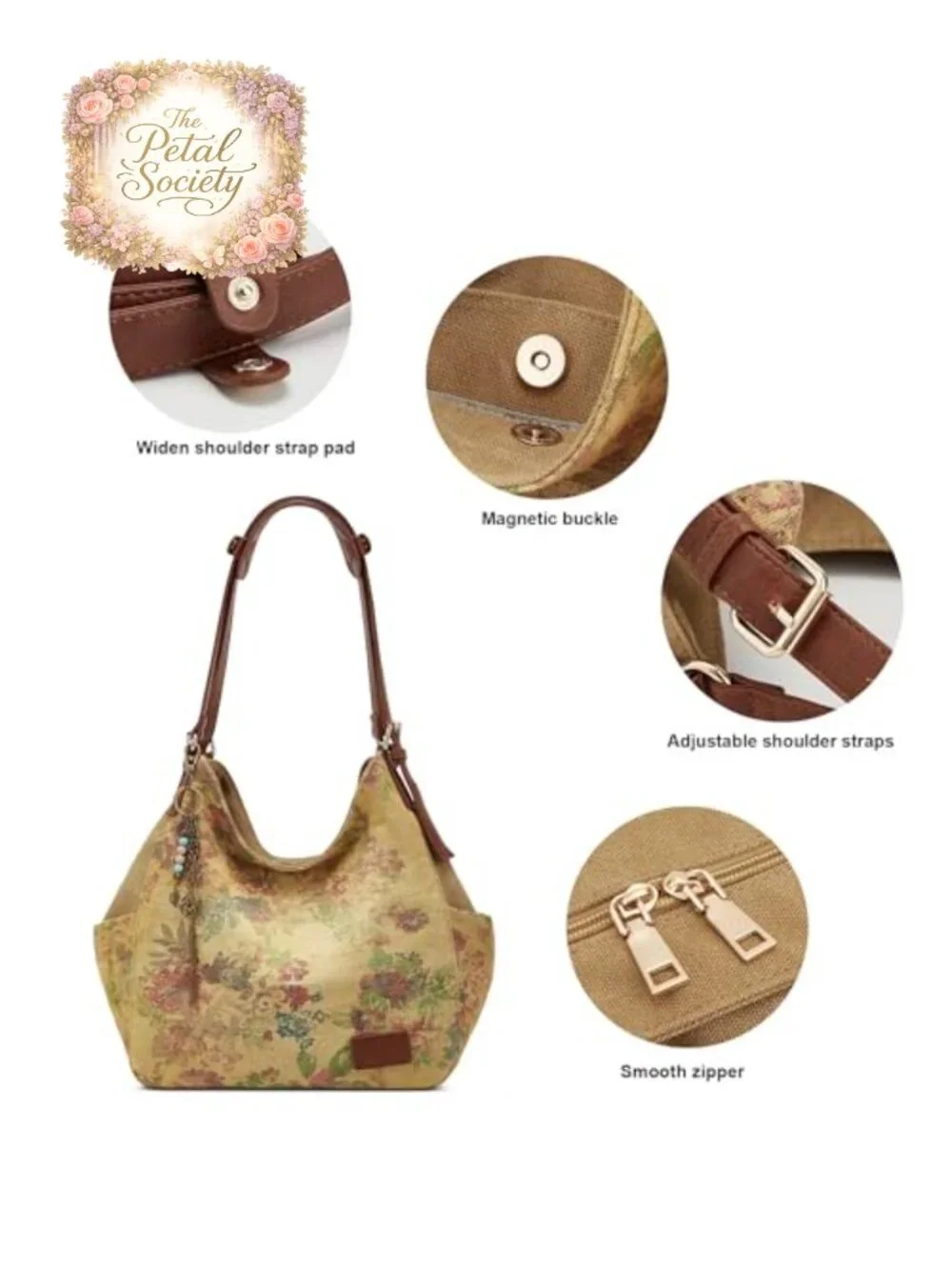 Canvas Hobo Purse Multi Pocket Tote Shopper Shoulder Bag with Embroidery